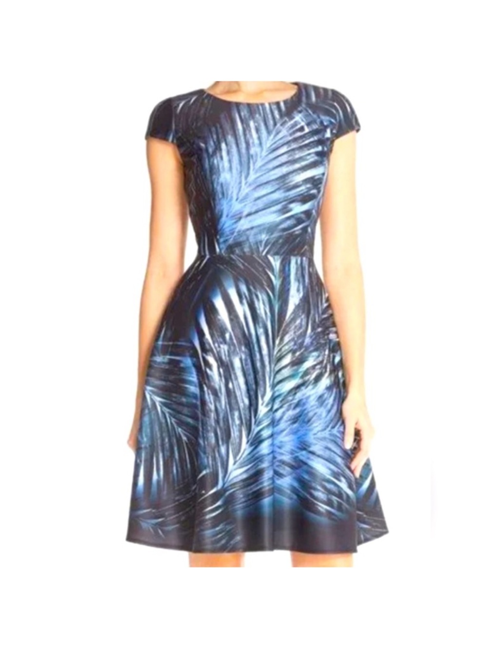 TAHARI Stretch Cap Sleeve Women's Black Blue Palm Print Midi fit flare Dress 16
